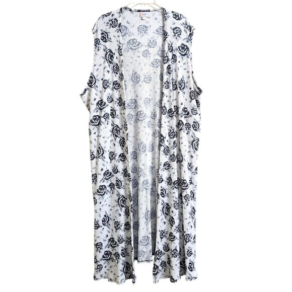 LuLaRoe Plus Size 3X Joy Open Long Longline Vest Cardigan Rose Print Black White - Picture 2 of 12